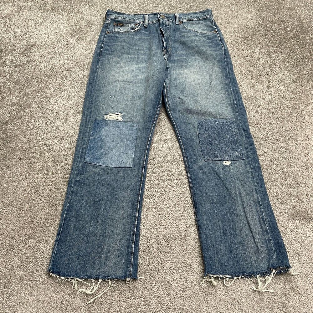Polo by Ralph Lauren Distressed Straight Leg Blue Patchwork Jeans